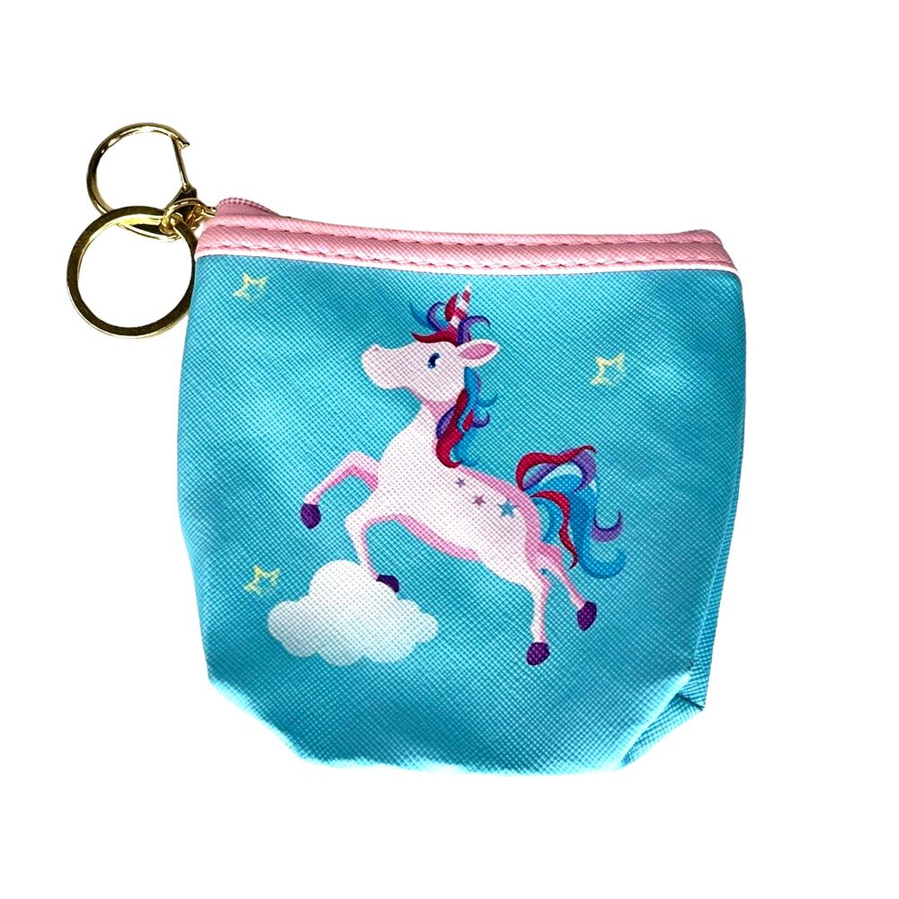 Girls Unicorn Coin Purch Charm Key Ring White Horse Blue Zip Bag Pouch Keychain - Picture 2 of 5